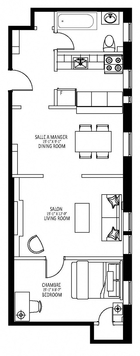 Floor plan for 1 bed, 1 bath, 576 sqft